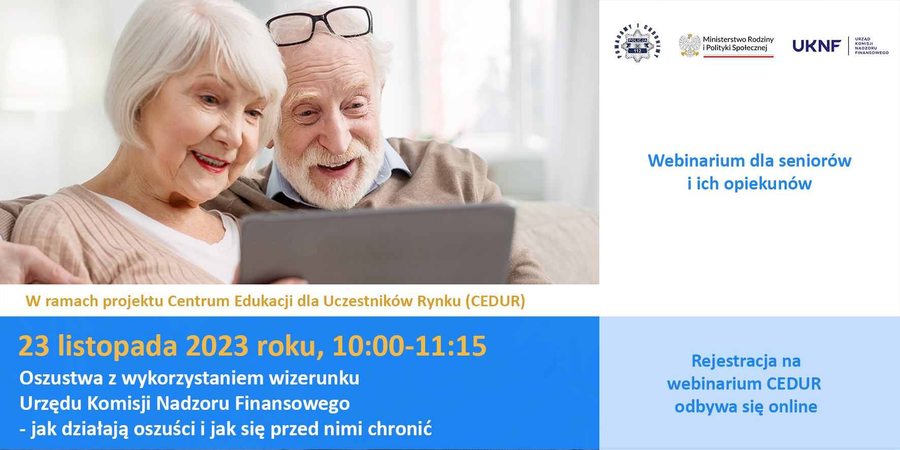 Plakat przedstawia Seniorów oraz zawiera informacje o webinarze.