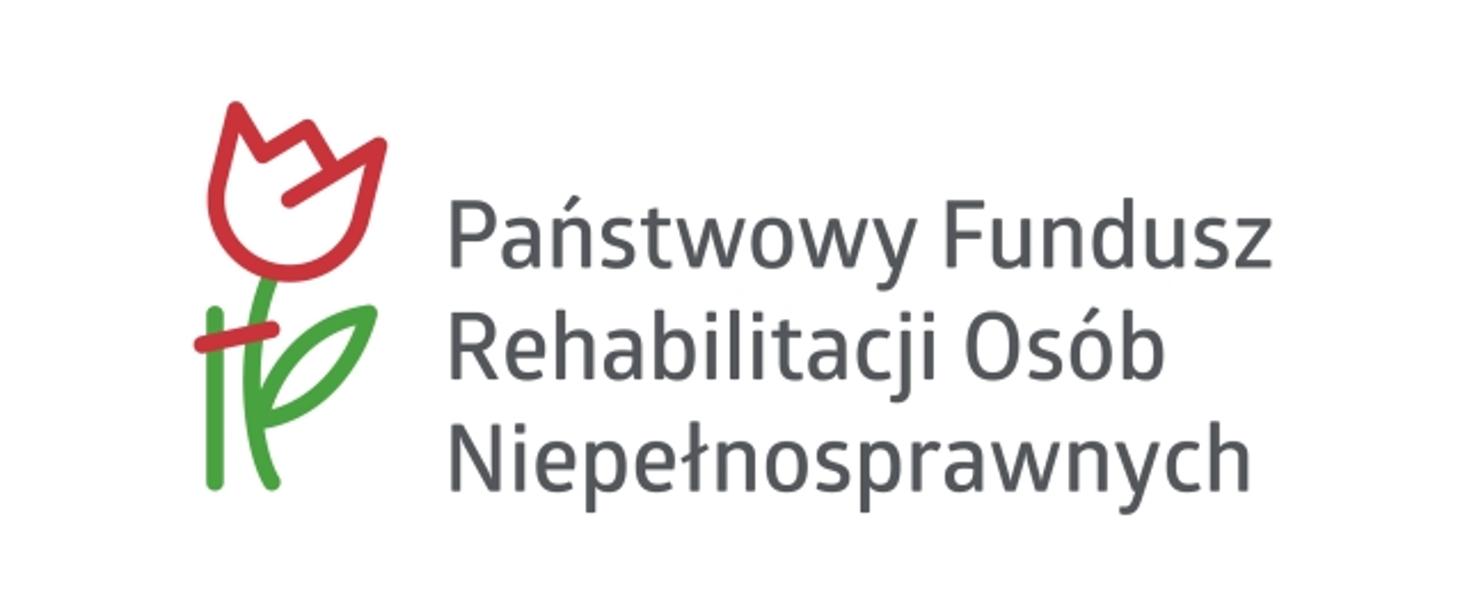 Zdjęcie przedstawia logo Państwowego Funduszu Rehabiliotacji osób Niepełnosprawnych którym jest czerwony kwiatek z zielona łodygą