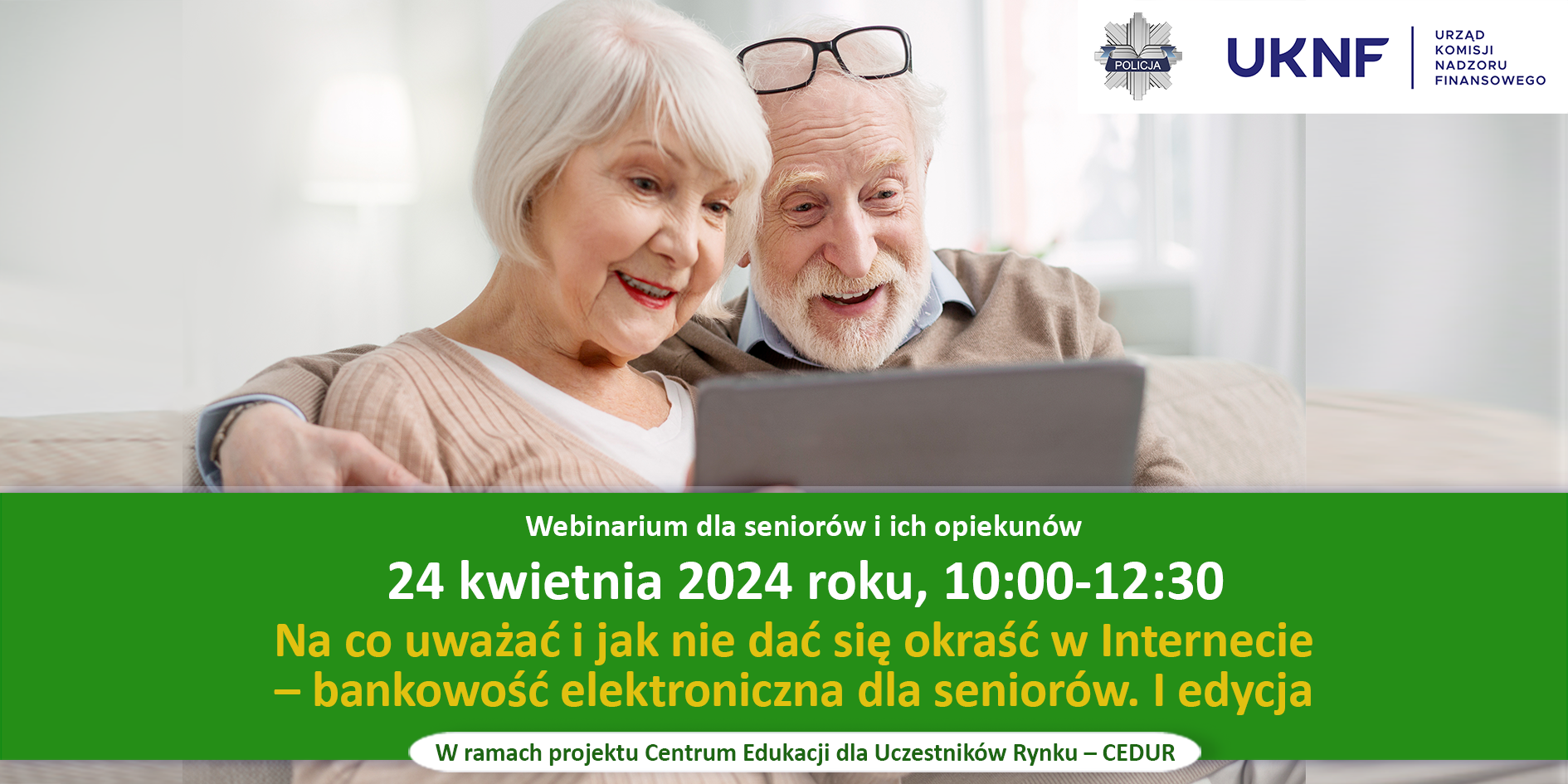 Zdjęcie przedstawia seniorów oraz program webinarium