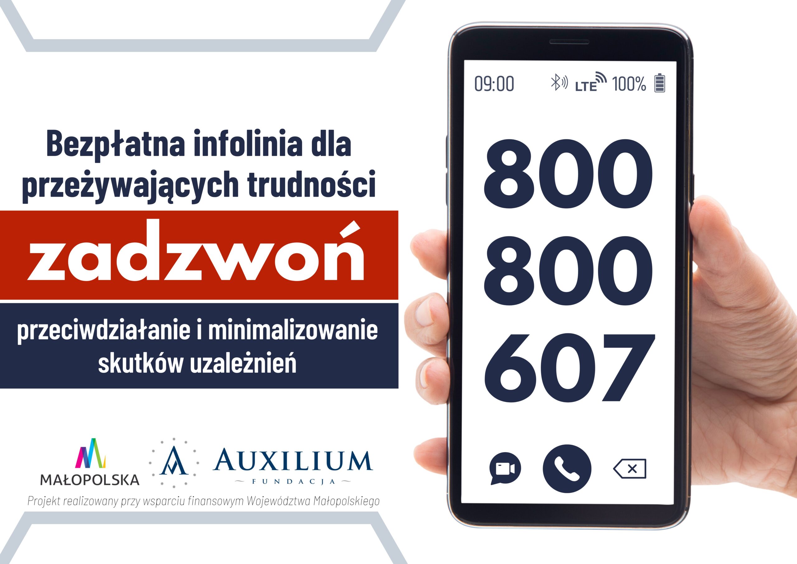 Zdjęcie przedstawia telefon komórkowy z numerem na infolinię