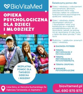 Zdjęcie przedstawia trzy postacie oraz opis pomocy psychologicznej